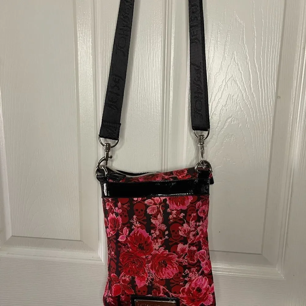 Betsey Johnson Nylon pink ,Red Flowers & skulls Small crossbody bag black trims